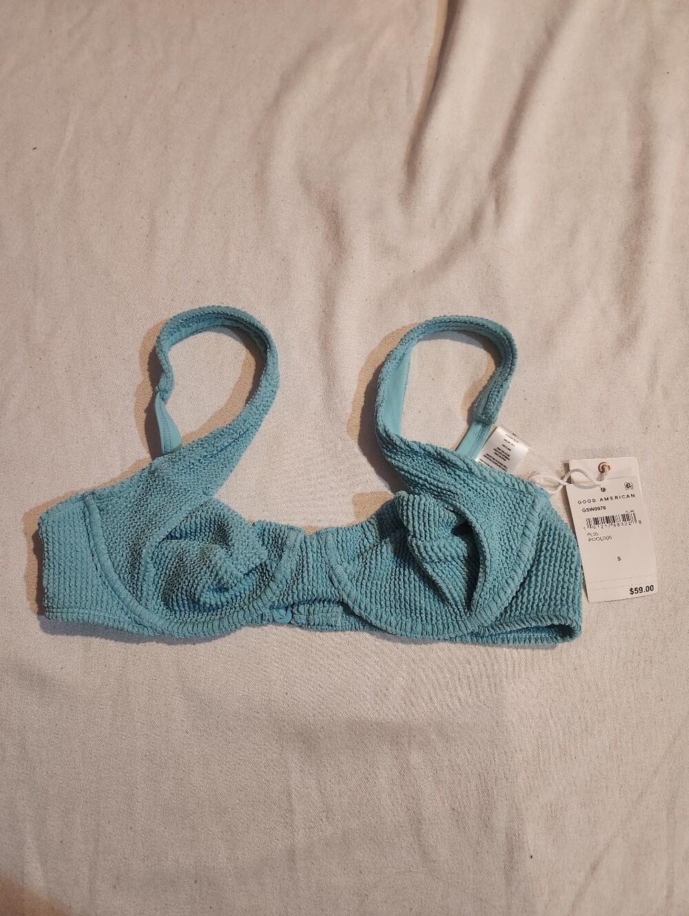 Good American Always Fits Demi Blue Crinkle Underwire Bikini Top S NWT